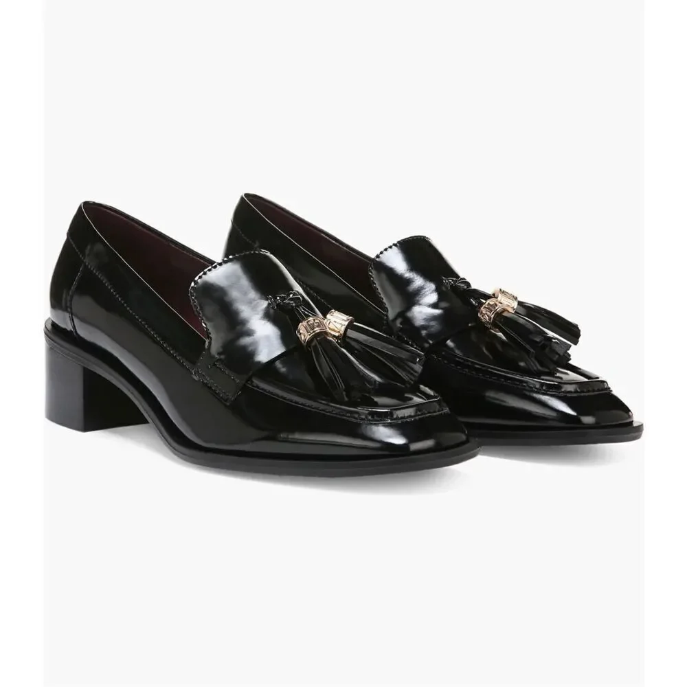 NWOB Franco Sorto Donna Block Heel Tassel Faux Patent leather Loafers Black 6M